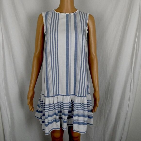 London Times Striped Sleeveless Drop Waist Ruffle Bottom Mini Knee Length Dress - Picture 1 of 11